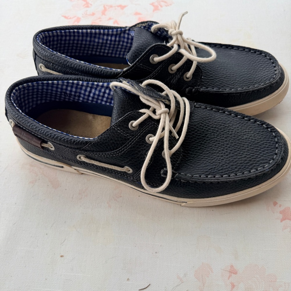 GH Bass & Co Adam Men's Navy Grained Leather Boat Shoes Gingham Lining-Size 11.5 - Picture 8 of 12